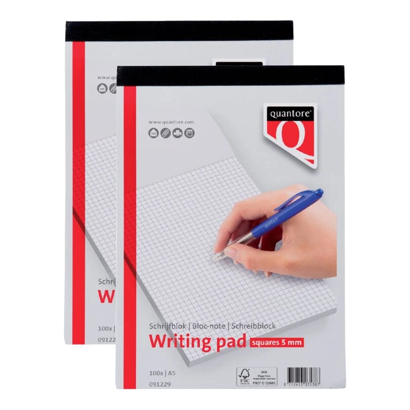 Quantore schrijfblok, A5, geruit 5 mm, 60g/m² (2x100 vellen)