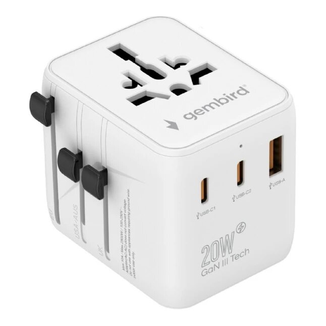 Universele reisstekker 2x USB-C PD + USB-A QC3.0 wit (20W)
