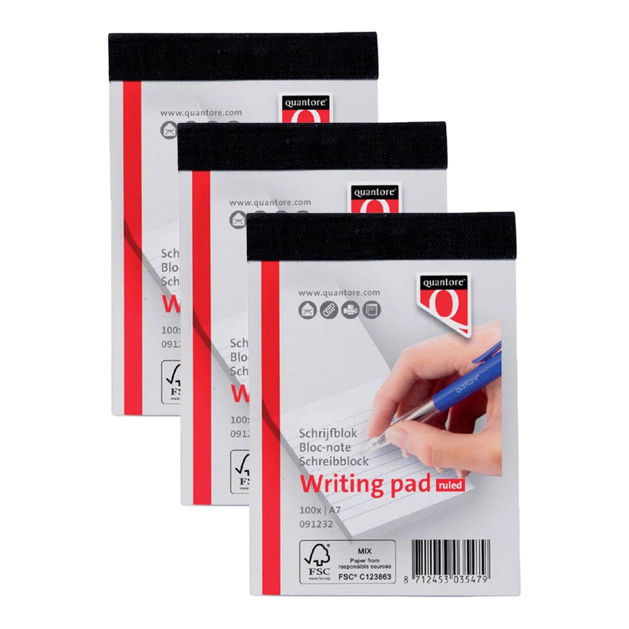 Quantore schrijfblok, A7, gelinieerd, 60g/m2 (3x100 vellen)