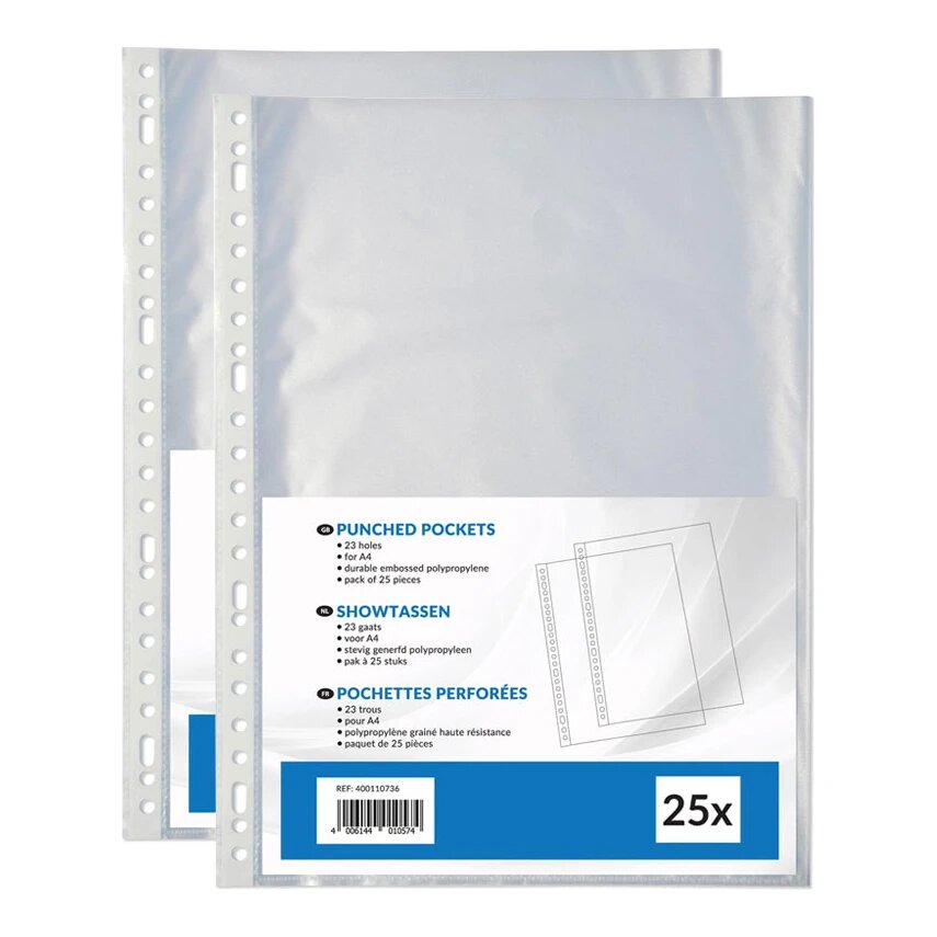 Huismerk A4 insteekhoezen, generfd, 23-gaats, 80 micron (2x25 stuks)