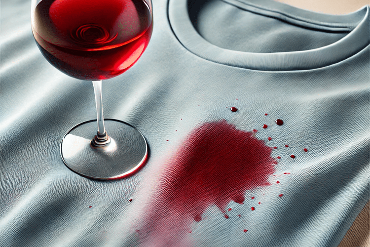 DALL·E 2024-11-20 11.15.19 - A realistic close-up image of a small red wine stain on a light blue t-shirt, with a glass of red wine placed next to the fabric. The glass is elegant