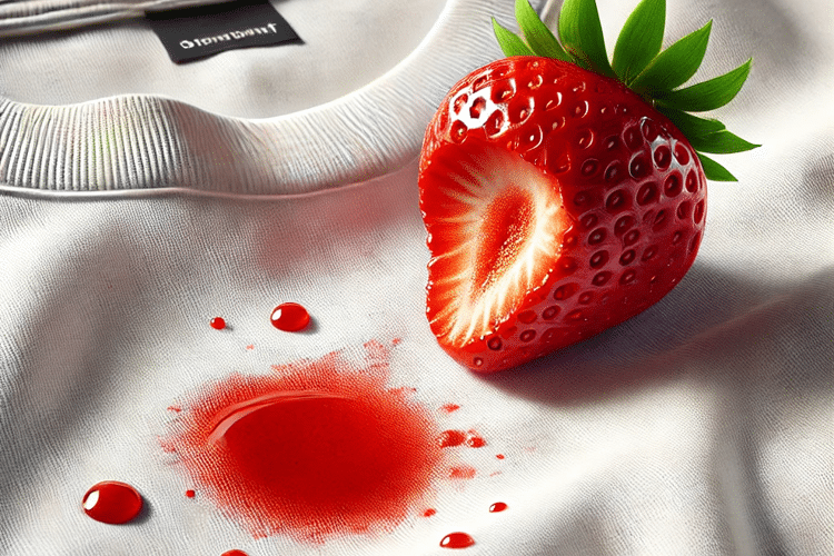 DALL·E 2024-11-22 11.32.54 - A realistic close-up image of a white t-shirt with a small strawberry stain on it, accompanied by a bitten strawberry placed next to the stain. The st