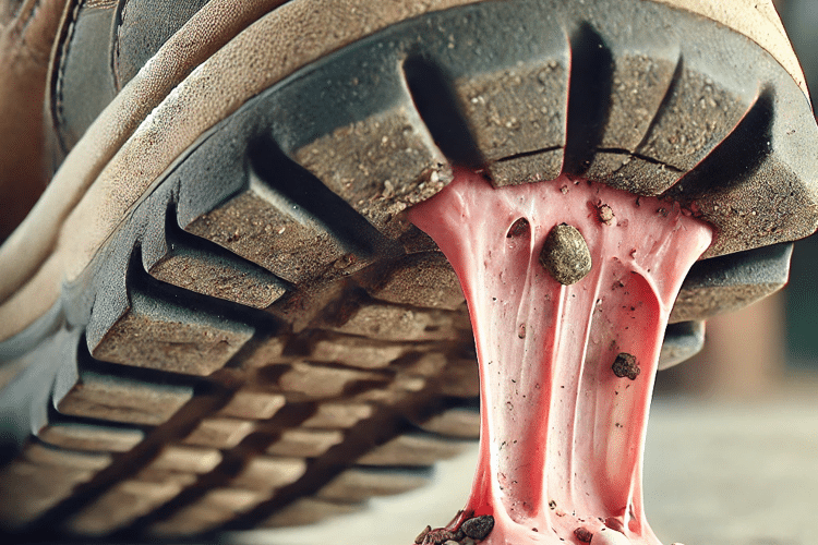 DALL·E 2024-11-04 17.18.44 - A realistic close-up image showing a piece of chewed pink gum stuck under the sole of a worn shoe. The gum is stretched and sticky, connecting to the 